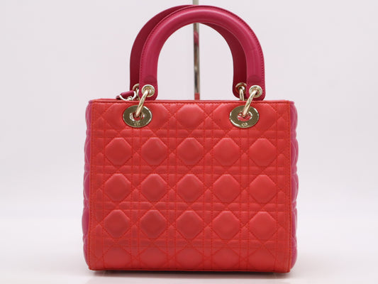Dior Leather Lady Dior Medium Cannage Handbag with GD Hardware, Red and Pink, Shoulder Strap