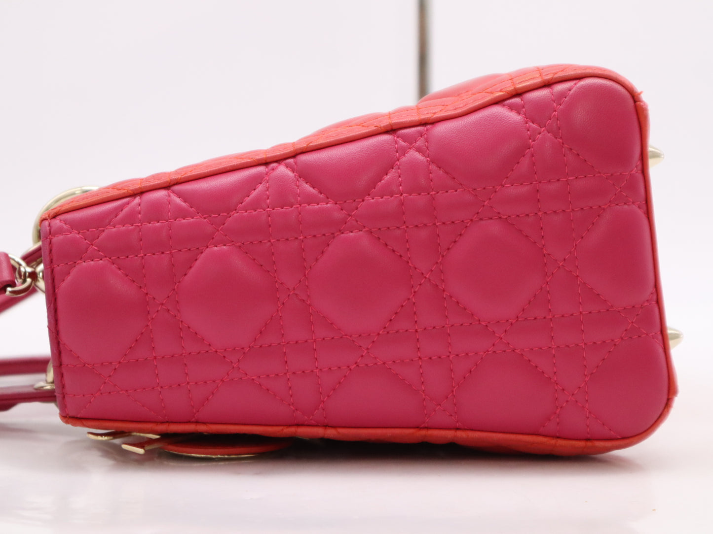Dior Leather Lady Dior Medium Cannage Handbag with GD Hardware, Red and Pink, Shoulder Strap