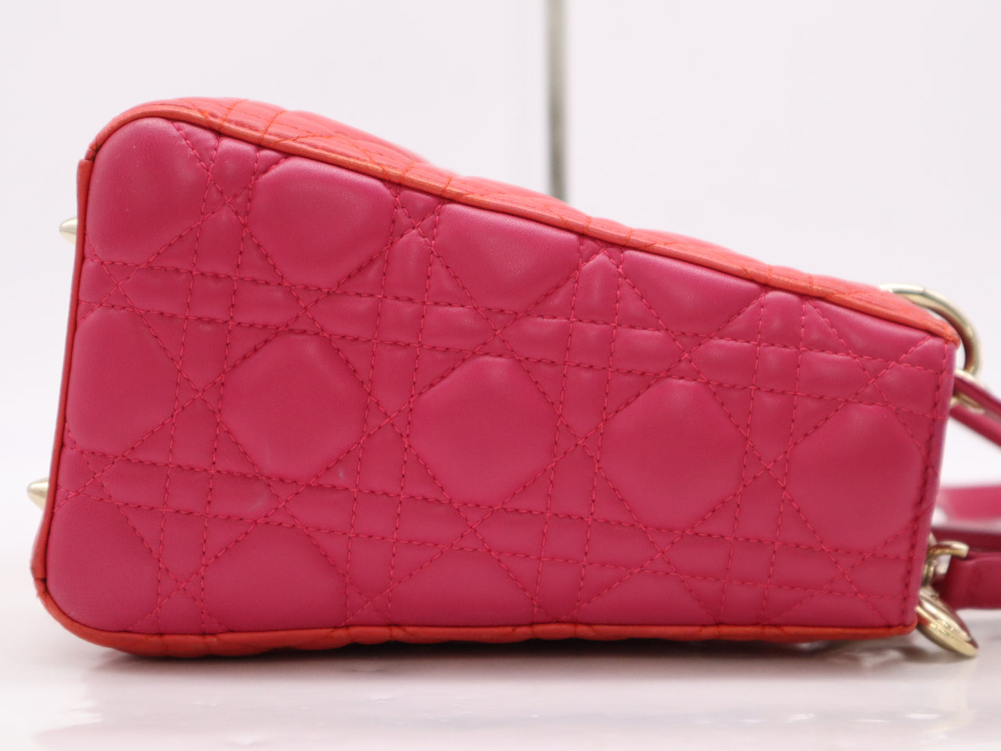 Dior Leather Lady Dior Medium Cannage Handbag with GD Hardware, Red and Pink, Shoulder Strap