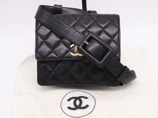 CHANEL Lambskin Waist Bag, Black, with Dust Bag, Seal, 1965557