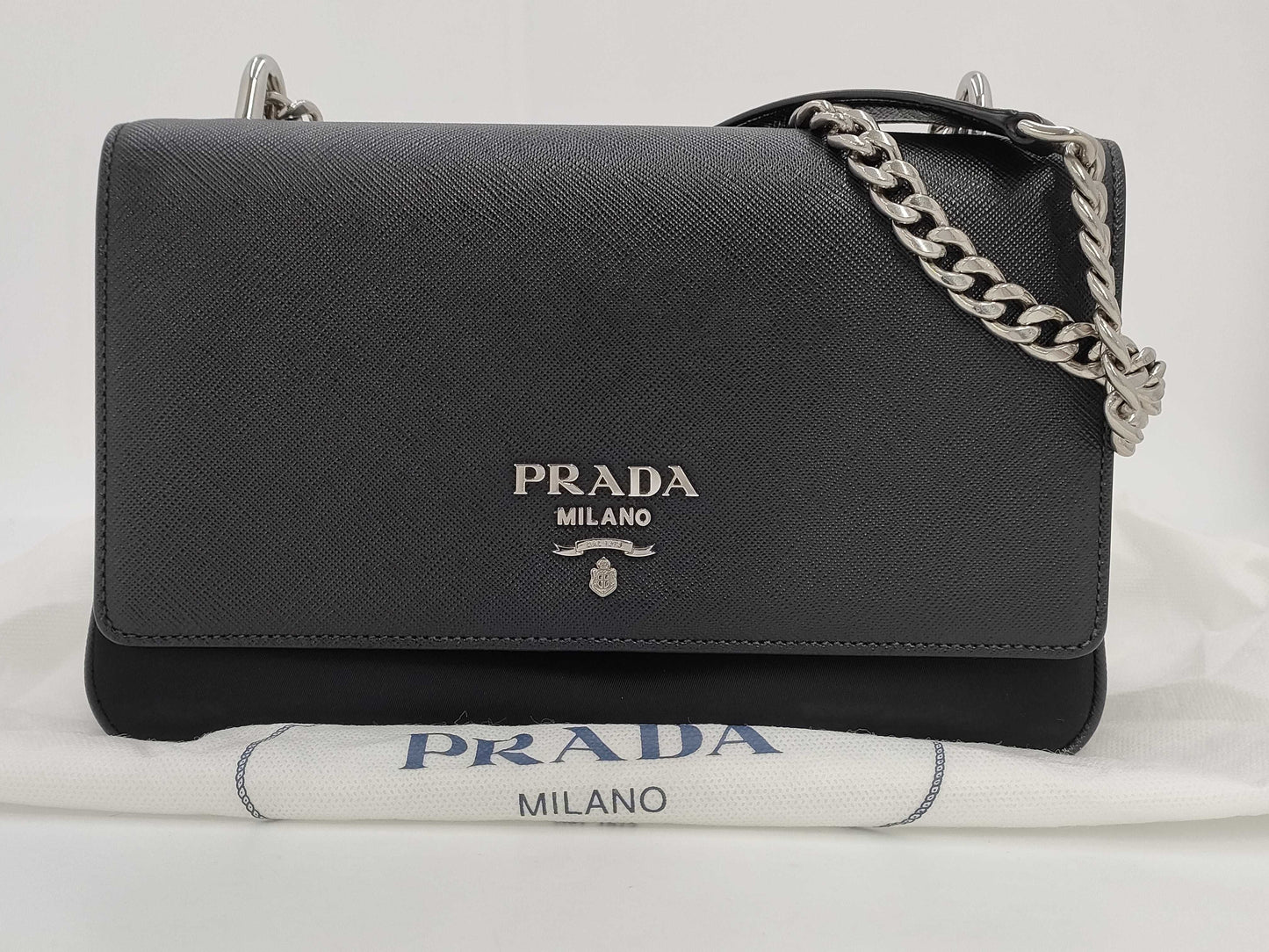 PRADA 1BD009 Nylon and Leather Chain Shoulder Bag, Black