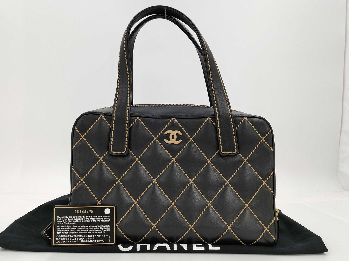 CHANEL Lambskin Bowling Bag with Wild Stitching, Black GD Hardware, Seal, Card, Guarantee, Pouch, and Dust Bag