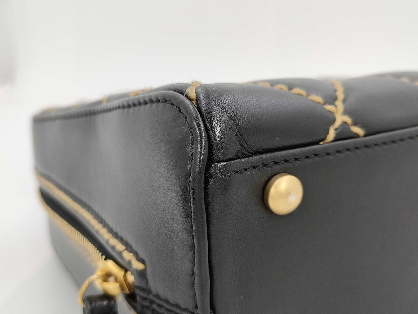 CHANEL Lambskin Bowling Bag with Wild Stitching, Black GD Hardware, Seal, Card, Guarantee, Pouch, and Dust Bag