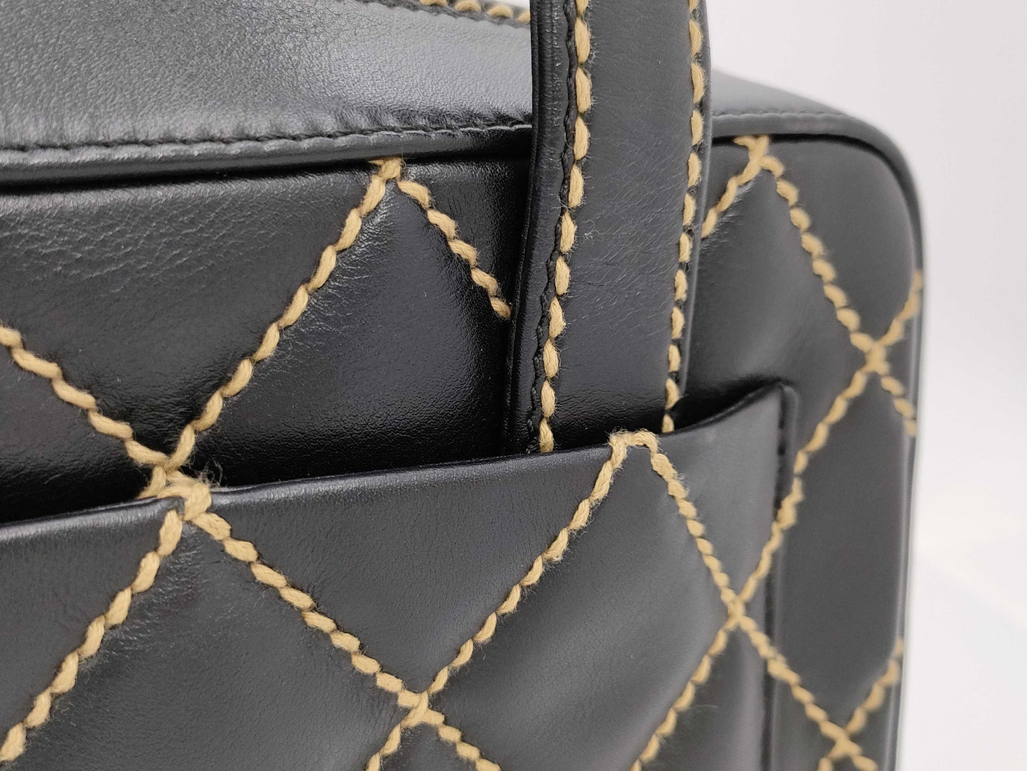 CHANEL Lambskin Bowling Bag with Wild Stitching, Black GD Hardware, Seal, Card, Guarantee, Pouch, and Dust Bag
