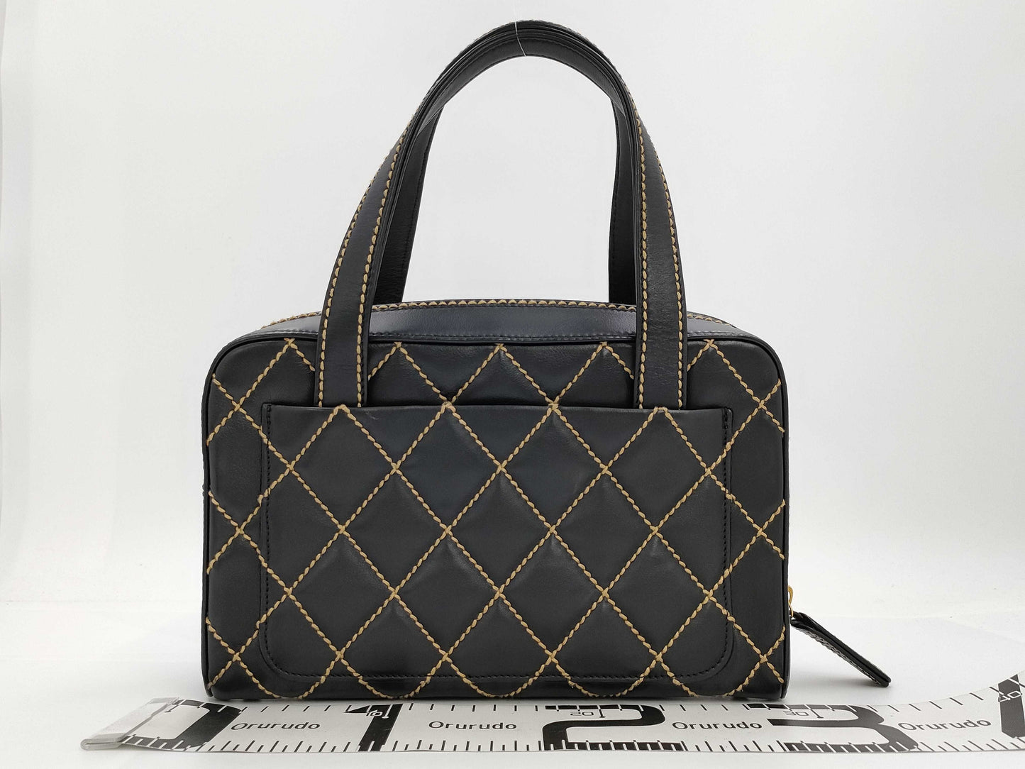 CHANEL Lambskin Bowling Bag with Wild Stitching, Black GD Hardware, Seal, Card, Guarantee, Pouch, and Dust Bag