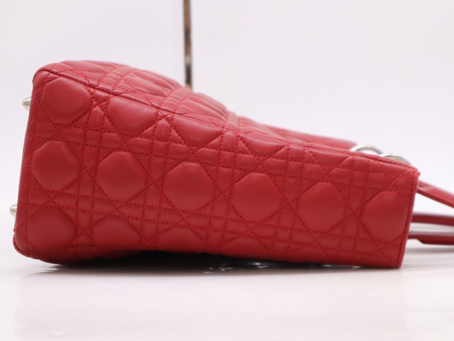 Dior Lady Dior Cannage Large Lambskin Handbag in Red with Sterling Silver Hardware, Shoulder Strap and Guarantee Card