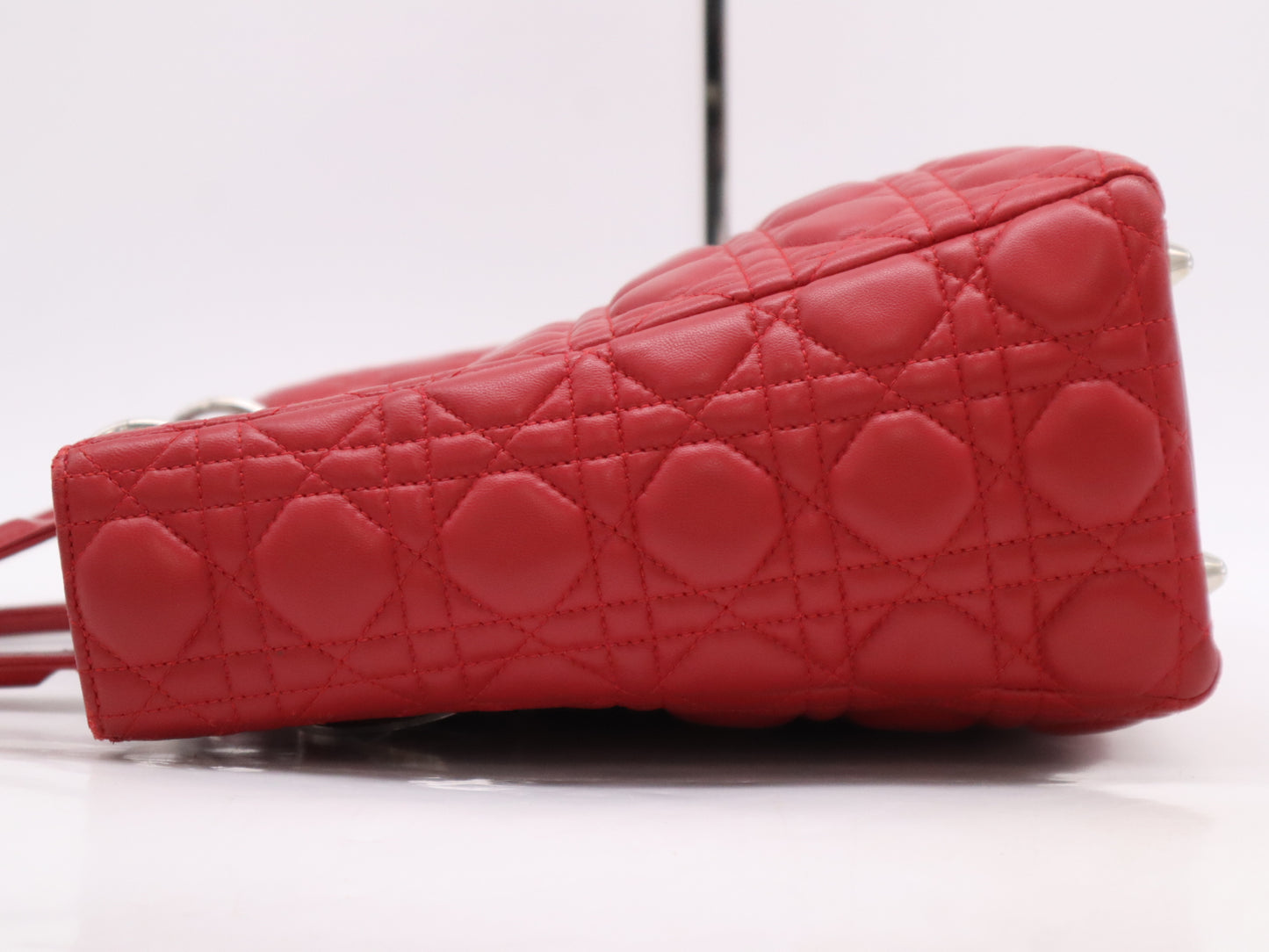 Dior Lady Dior Cannage Large Lambskin Handbag in Red with Sterling Silver Hardware, Shoulder Strap and Guarantee Card