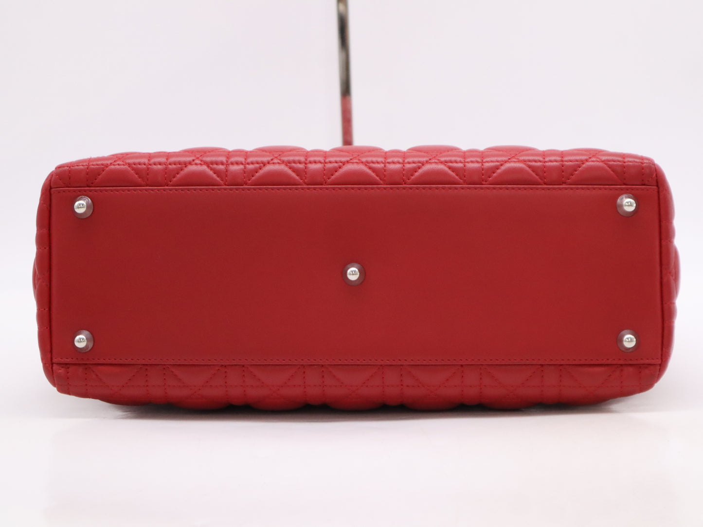 Dior Lady Dior Cannage Large Lambskin Handbag in Red with Sterling Silver Hardware, Shoulder Strap and Guarantee Card