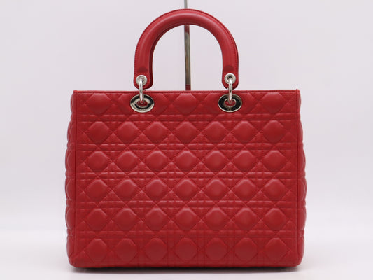 Dior Lady Dior Cannage Large Lambskin Handbag in Red with Sterling Silver Hardware, Shoulder Strap and Guarantee Card
