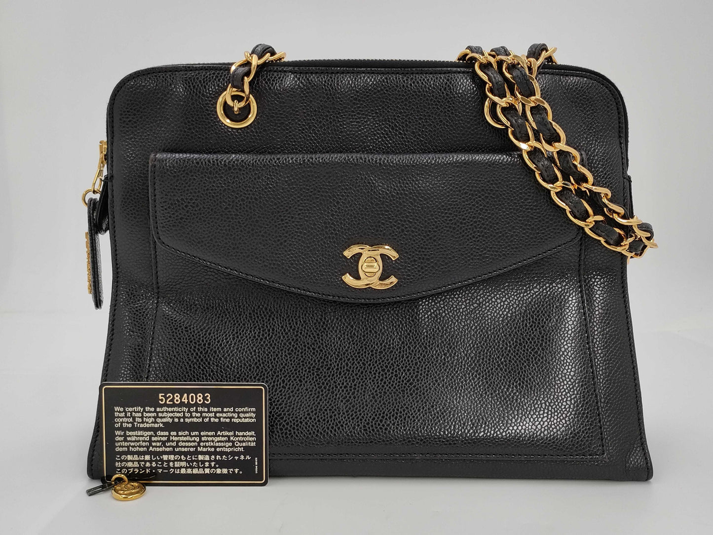 CHANEL Caviar Skin Chain Shoulder Bag with Coco Mark, GD Hardware, Black Seal, Card, 52844083, Card Included Tote Bag