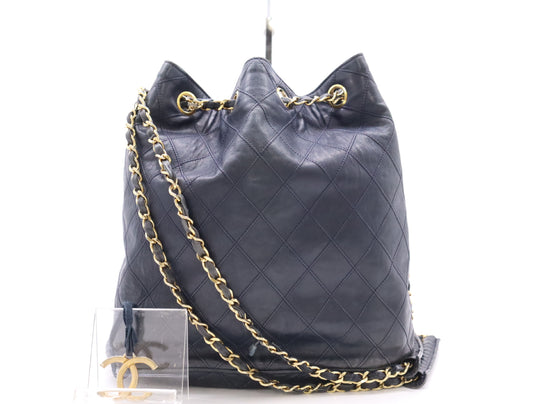 CHANEL Leather Bicolor Drawstring Chain Shoulder Bag in Navy with GD Hardware and Pouch Charm