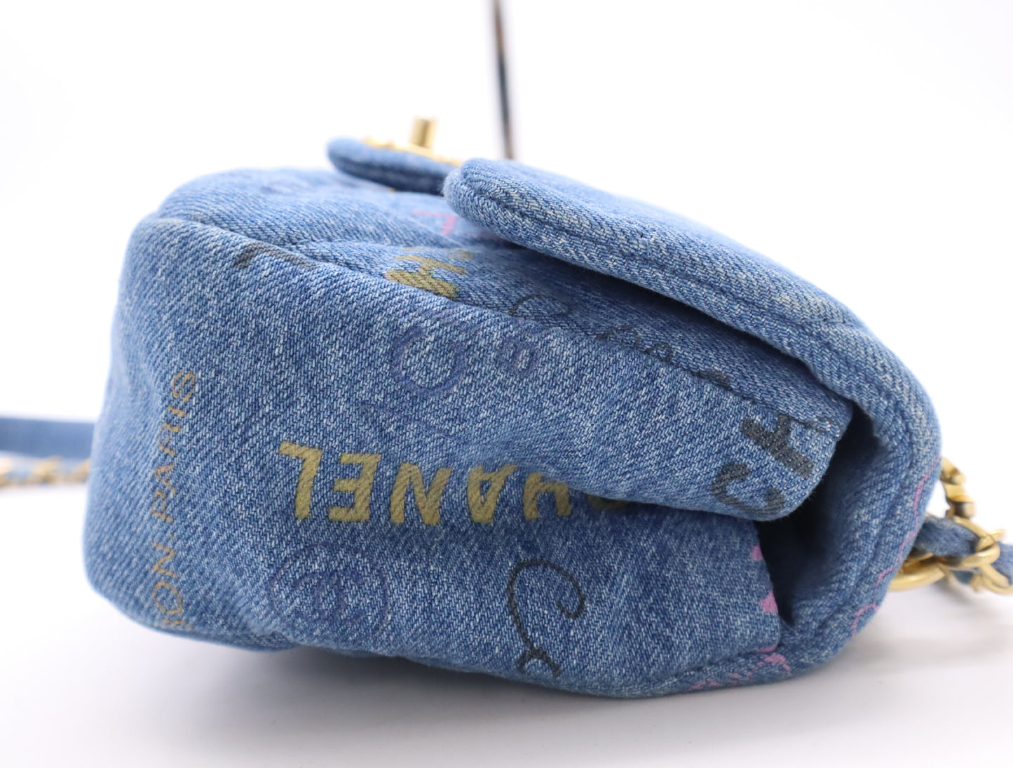 CHANEL Denim Mini Matelasse S Flap S Chain Turn Lock GD Hardware Blue Shoulder Bag