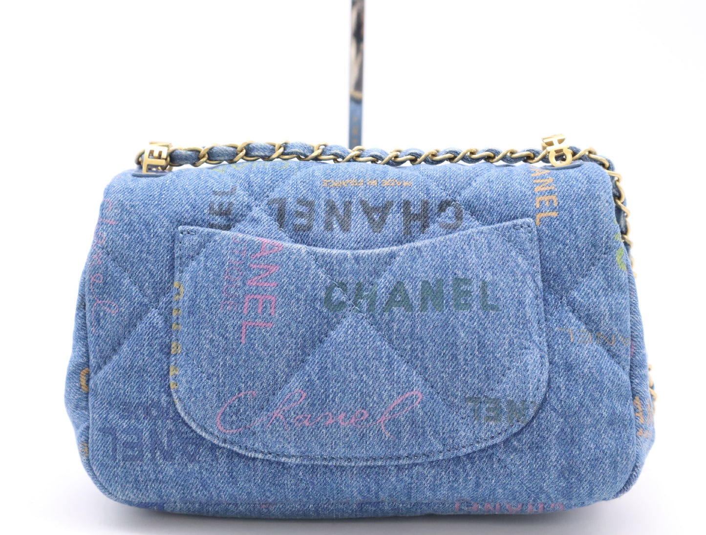 CHANEL Denim Mini Matelasse S Flap S Chain Turn Lock GD Hardware Blue Shoulder Bag