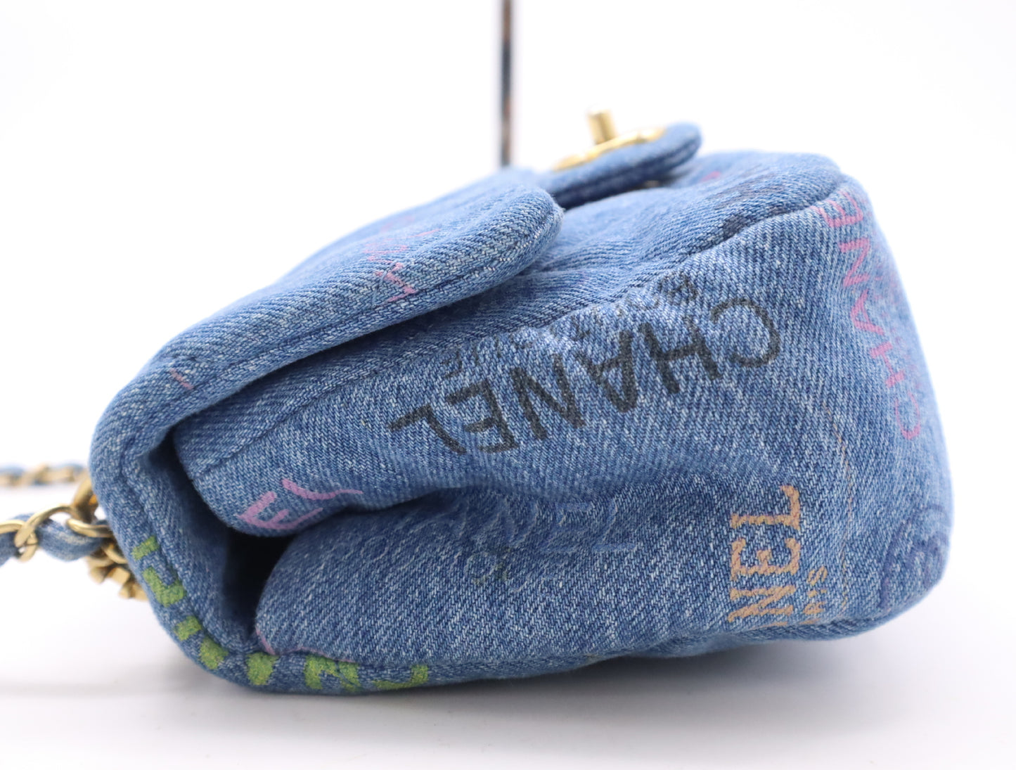 CHANEL Denim Mini Matelasse S Flap S Chain Turn Lock GD Hardware Blue Shoulder Bag
