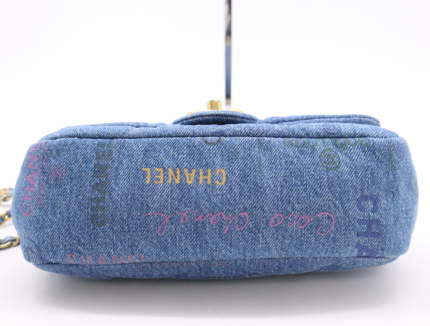 CHANEL Denim Mini Matelasse S Flap S Chain Turn Lock GD Hardware Blue Shoulder Bag