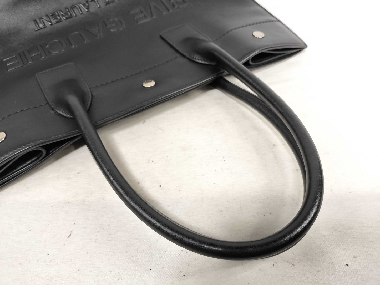 SAINT LAURENT RIVE GAUCHE Square Tote Bag in Black Leather with Embossed Logo
