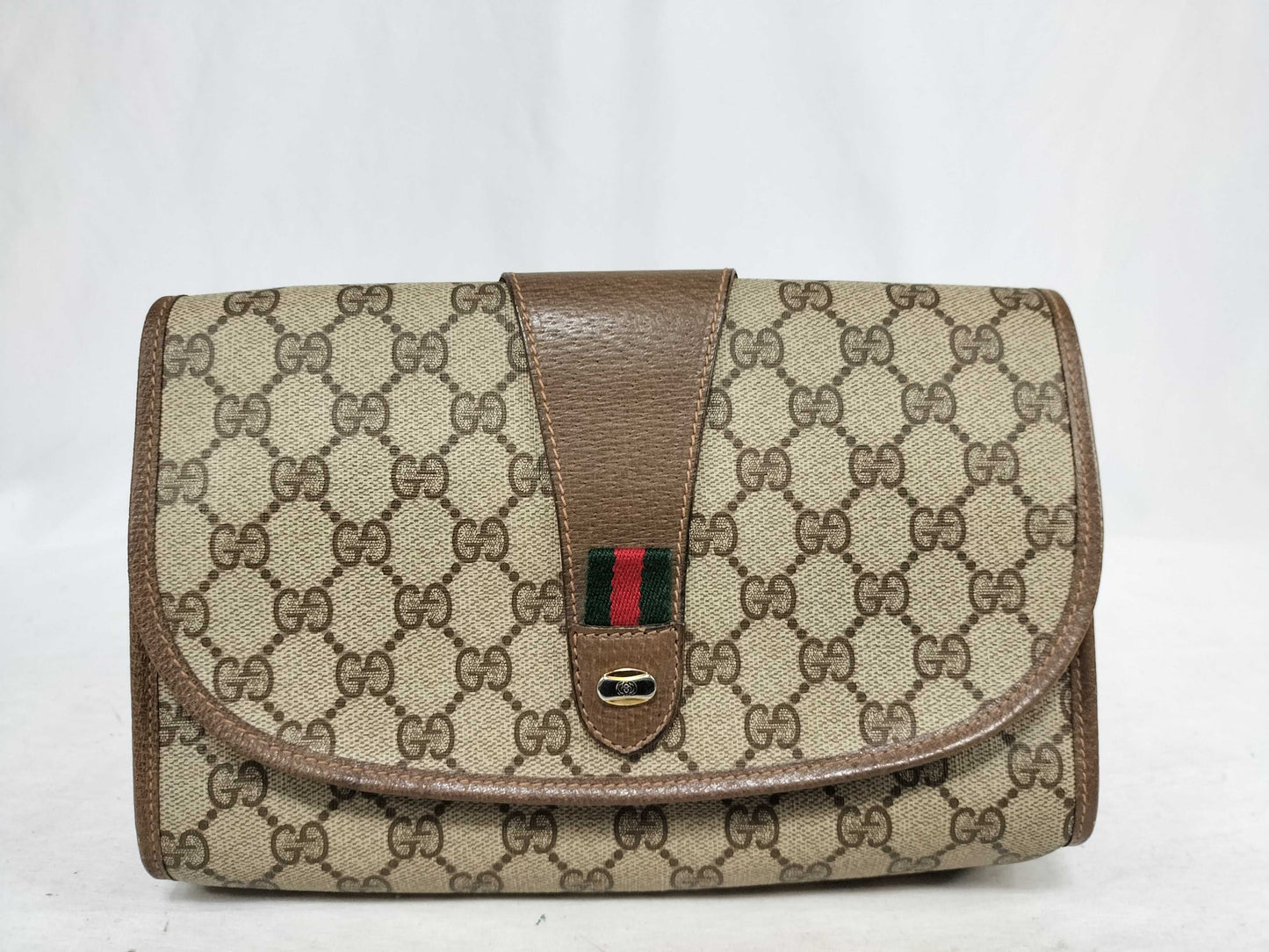 GUCCI GG Supreme Clutch Bag, GG Supreme Sherry Line Interlocking Accents, Brown/Beige, 89.01.030