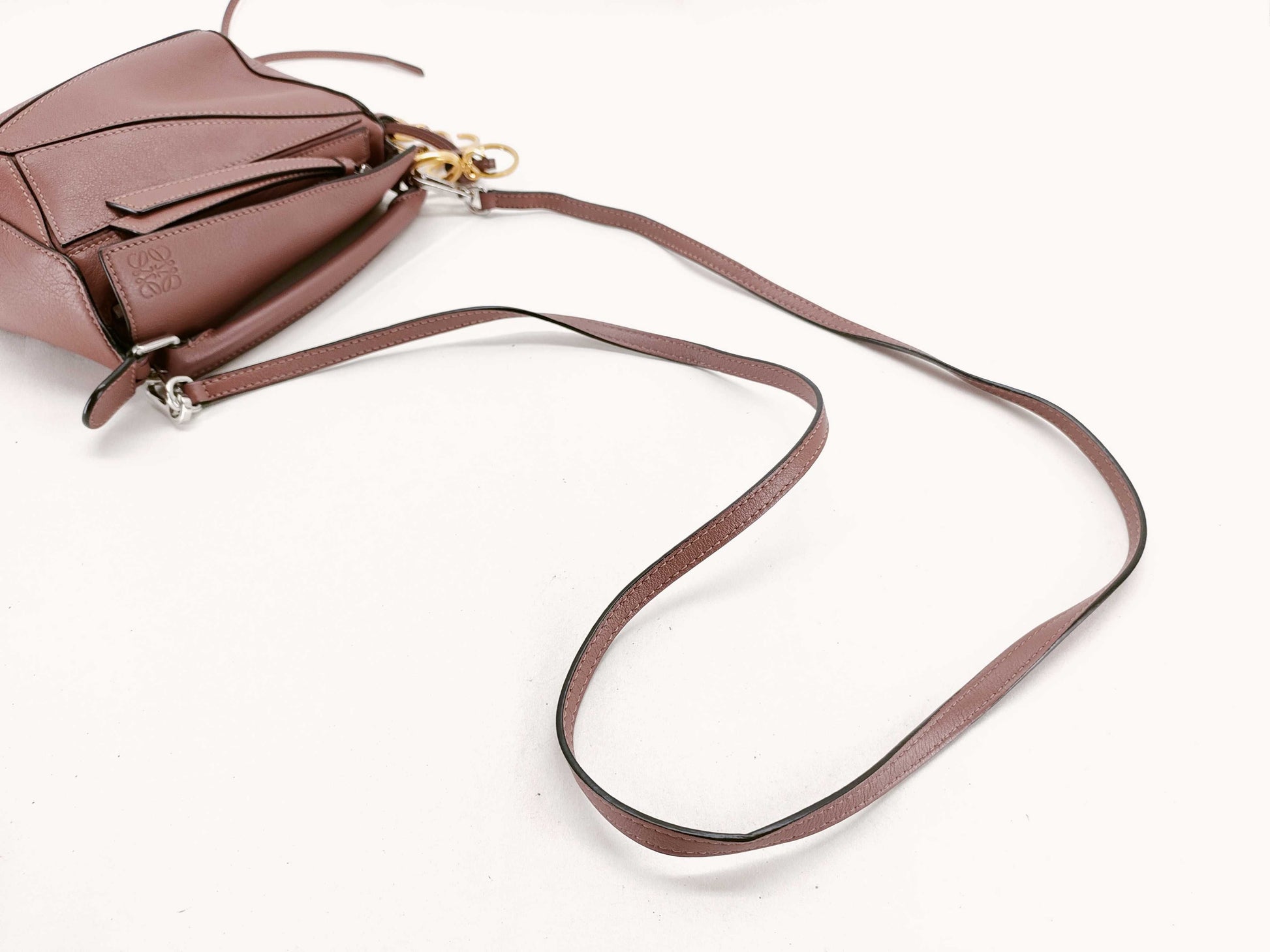 LOEWE LOEWE Puzzle Bag Mini Shoulder Bag with Anagram Charm, Brown Leather, Dust Bag, Handbag
