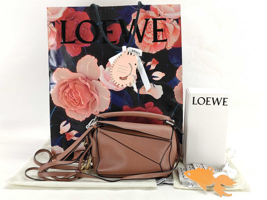 LOEWE LOEWE Puzzle Bag Mini Shoulder Bag with Anagram Charm, Brown Leather, Dust Bag, Handbag