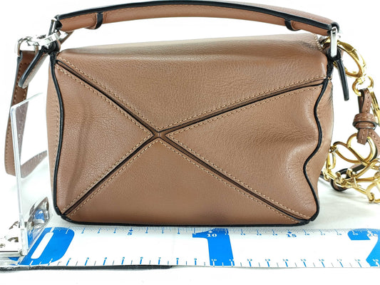 LOEWE LOEWE Puzzle Bag Mini Shoulder Bag with Anagram Charm, Brown Leather, Dust Bag, Handbag