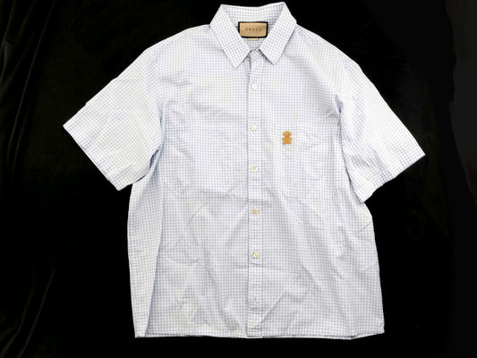GUCCI Gucci logo bear patch gingham check short sleeve shirt