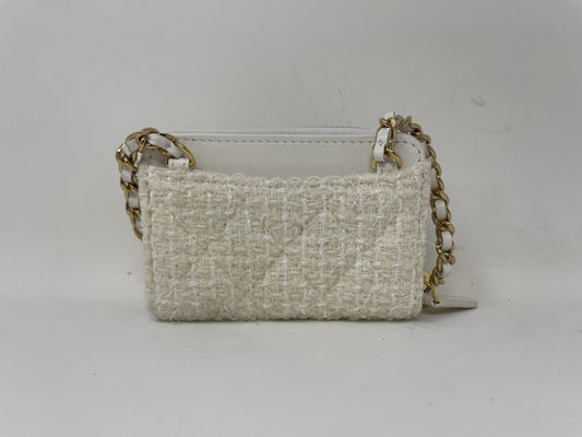 CHANEL CHANEL Ribbon Mini Chain Wallet Coin Case Tweed White Coin Case