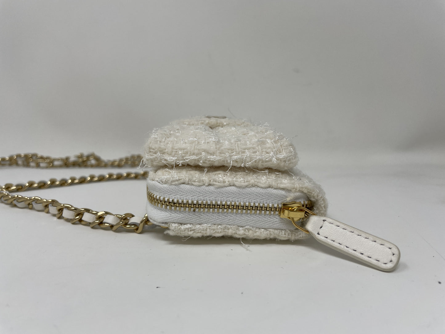 CHANEL CHANEL Ribbon Mini Chain Wallet Coin Case Tweed White Coin Case