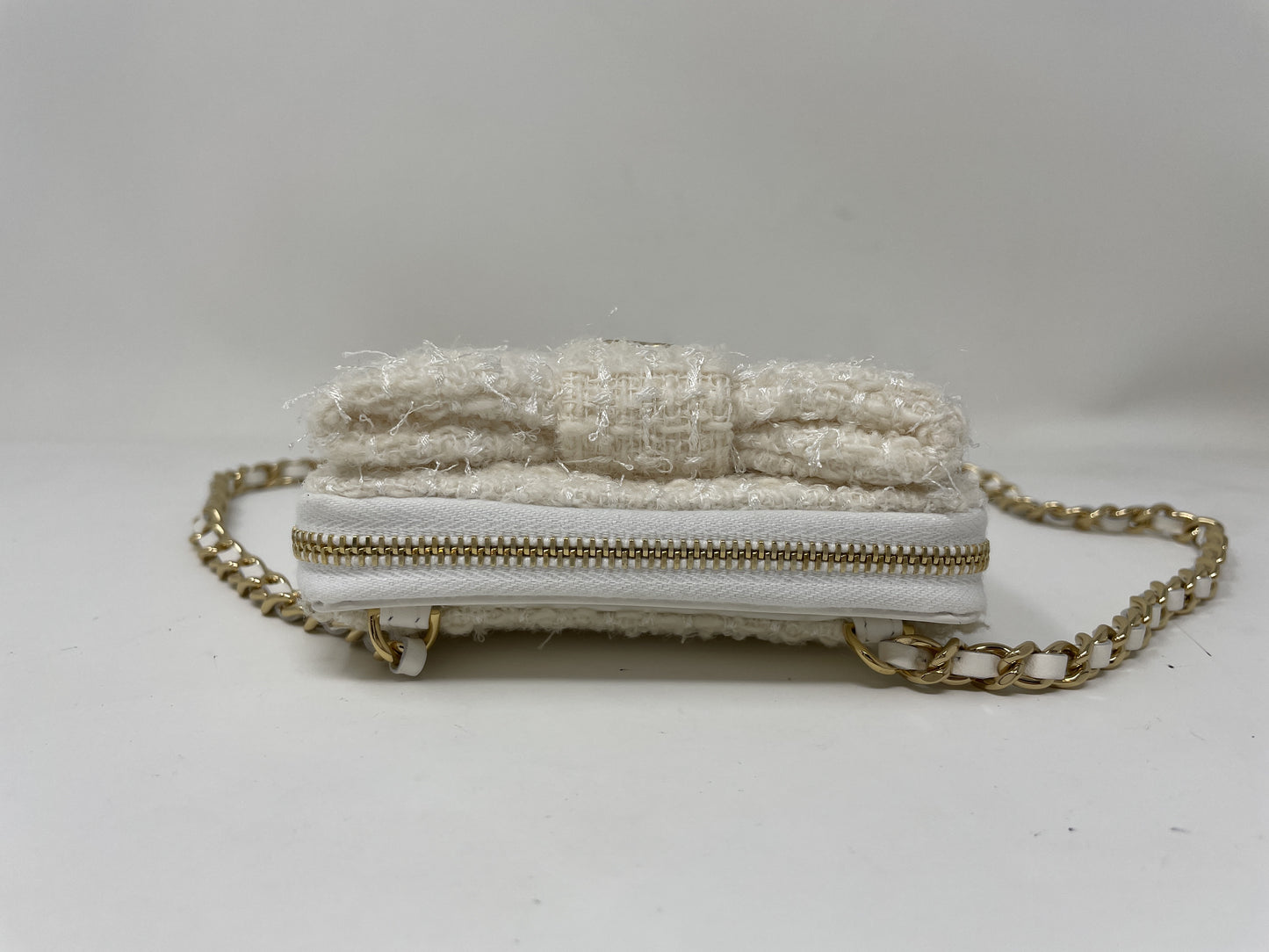CHANEL CHANEL Ribbon Mini Chain Wallet Coin Case Tweed White Coin Case