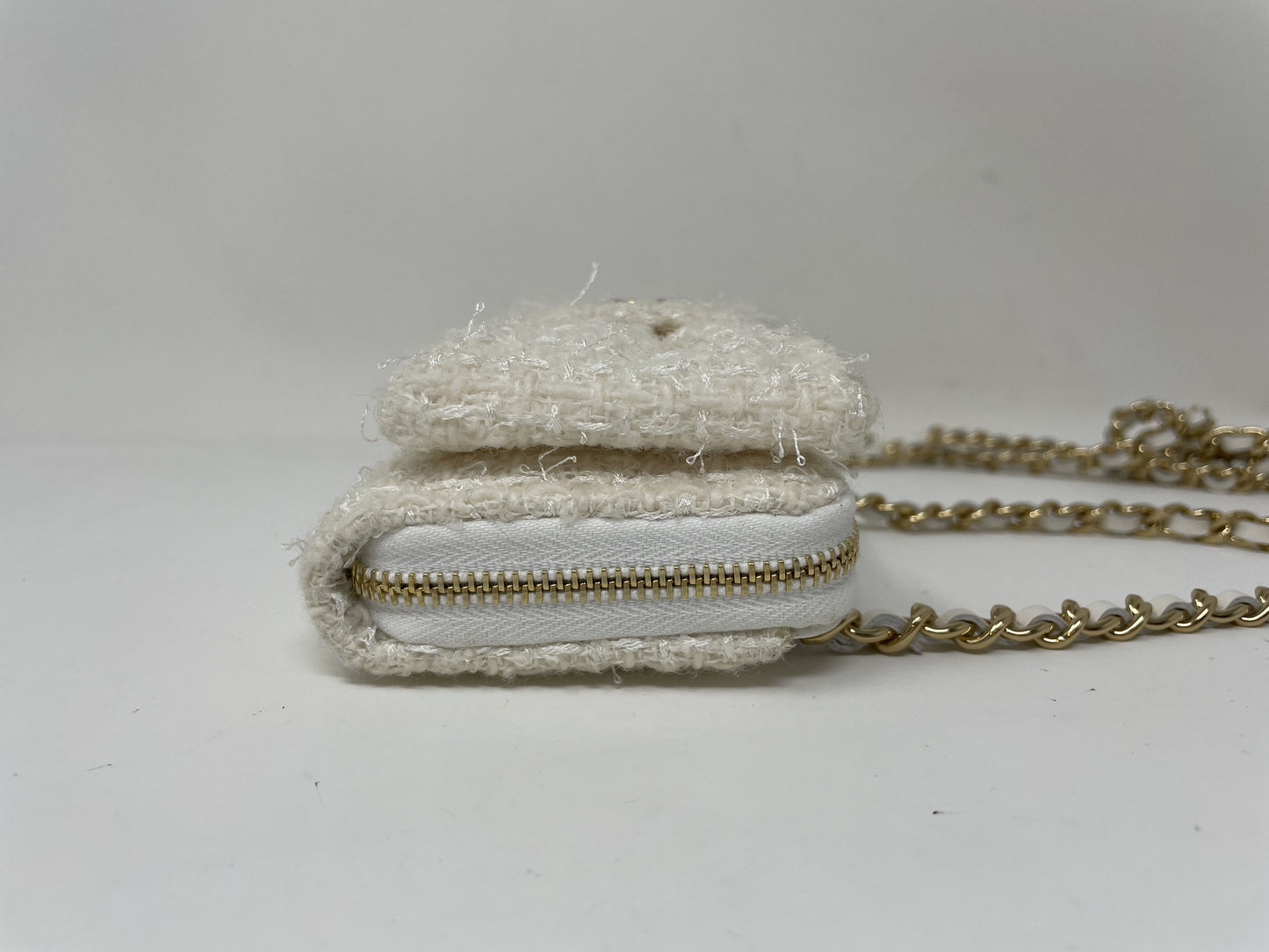 CHANEL CHANEL Ribbon Mini Chain Wallet Coin Case Tweed White Coin Case