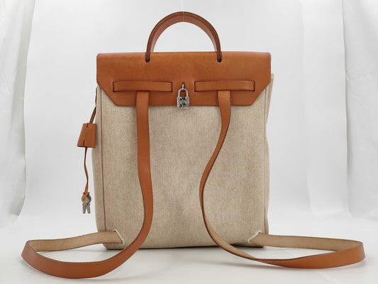 HERMES Airbag PM Backpack, Canvas and Leather, 1998, Brown and Beige, Engraved B