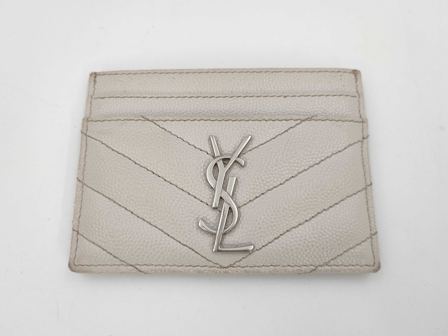 Yves Saint Laurent Paris Cassandra Card Case, V-Stitch Leather, White, Card Case, Pass Case, Business Card Case
