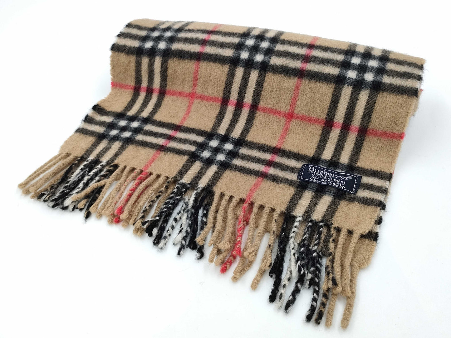 BURBERRY Nova Check Fringe Scarf, Made in England, Cashmere, Beige, Tag Included