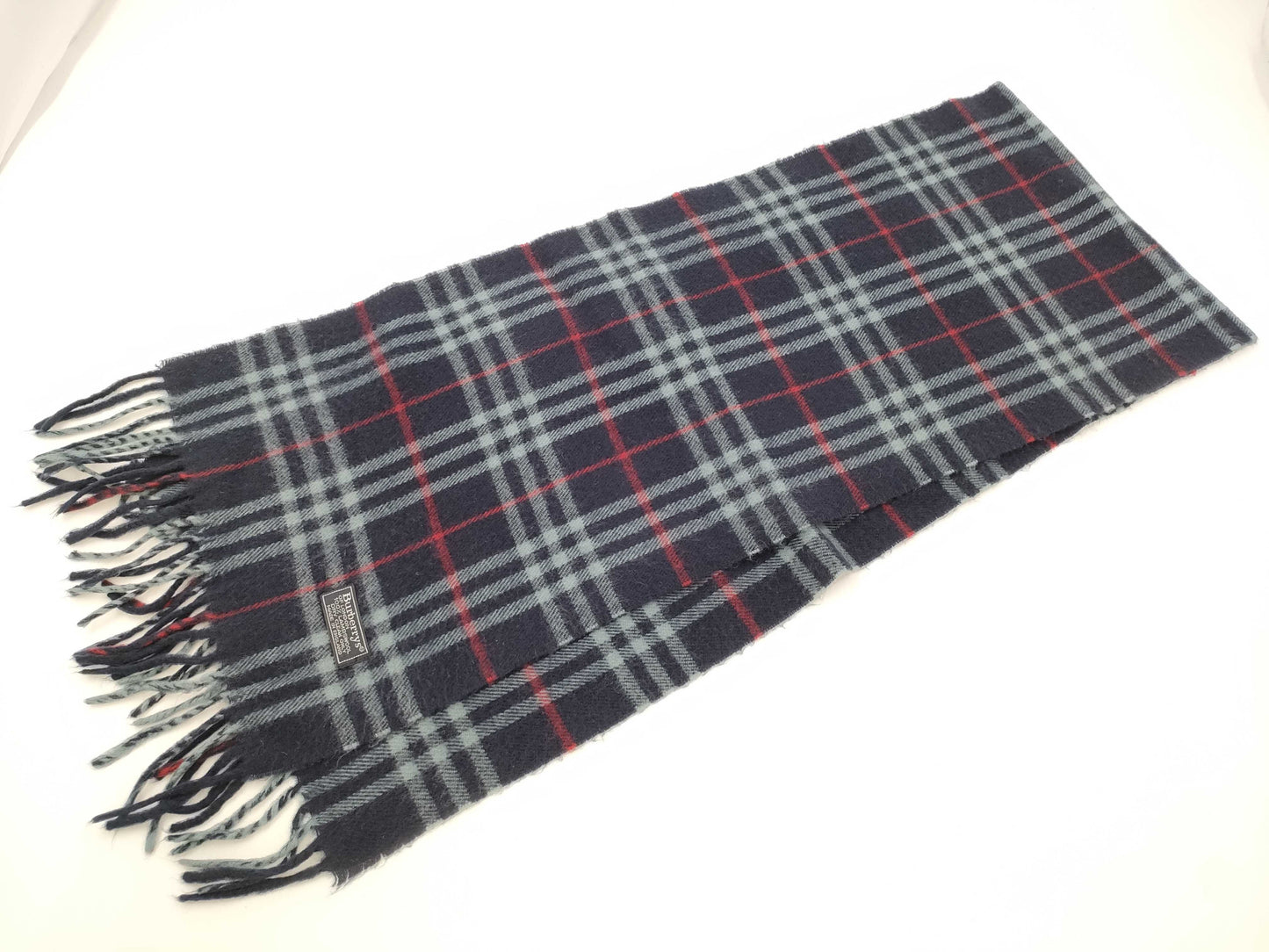 BURBERRY Nova Check Fringe Scarf, Made in England, Lambswool, Navy, Tag Included