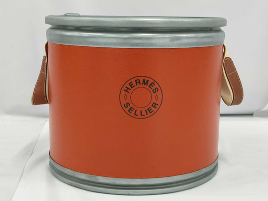 HERMES H800108E Saddle Box, Orange and Silver, for Saddlery, Storage, and Other Accessories, Drum-Shaped