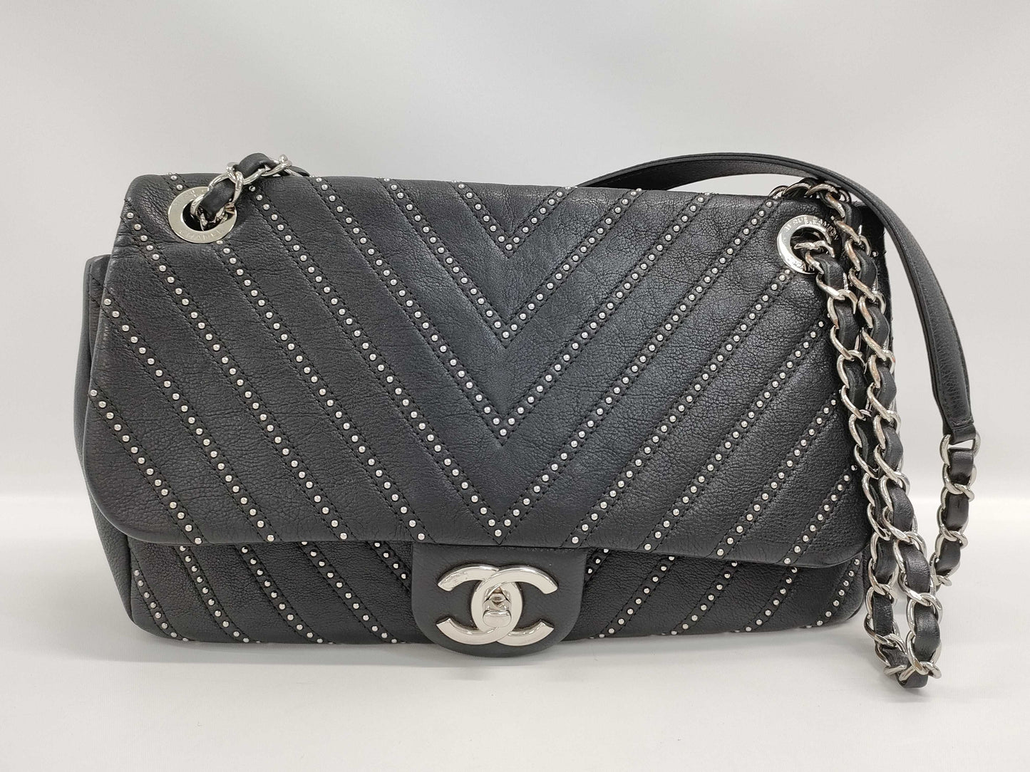 CHANEL Chain Shoulder Bag with Studs, Black, Silver Hardware, 24 Series
