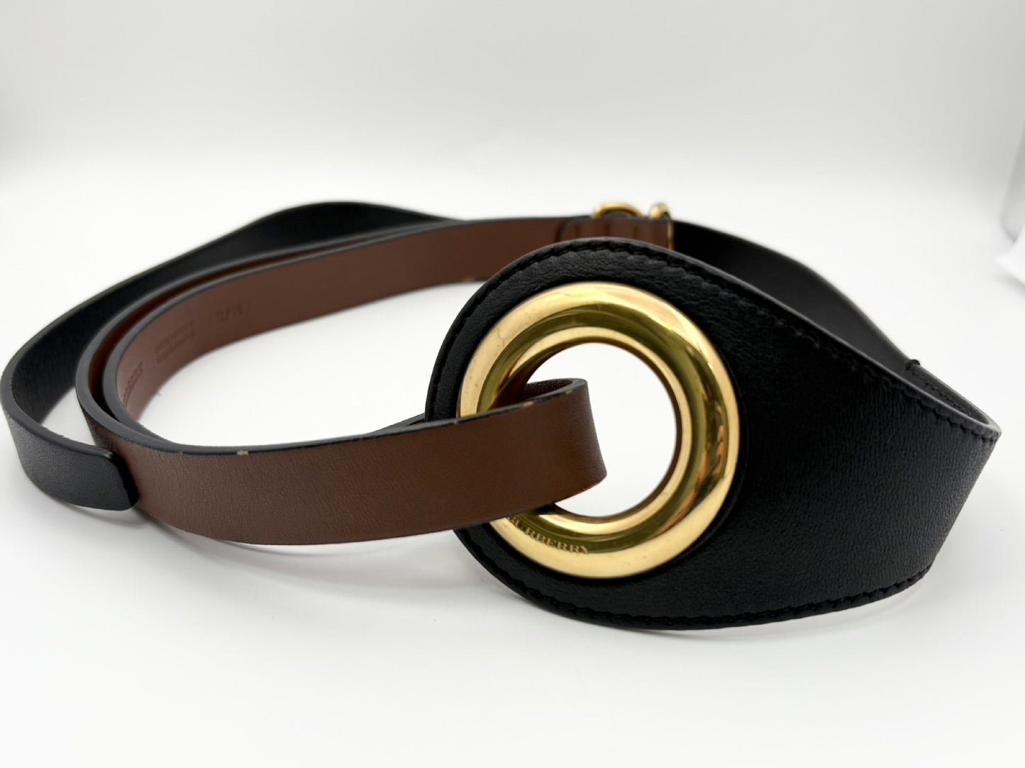 BURBERRY Grommet Detail Lambskin Waistband Belt, Size S/M, Open Circle Leather Belt, Two-Tone Black and Brown