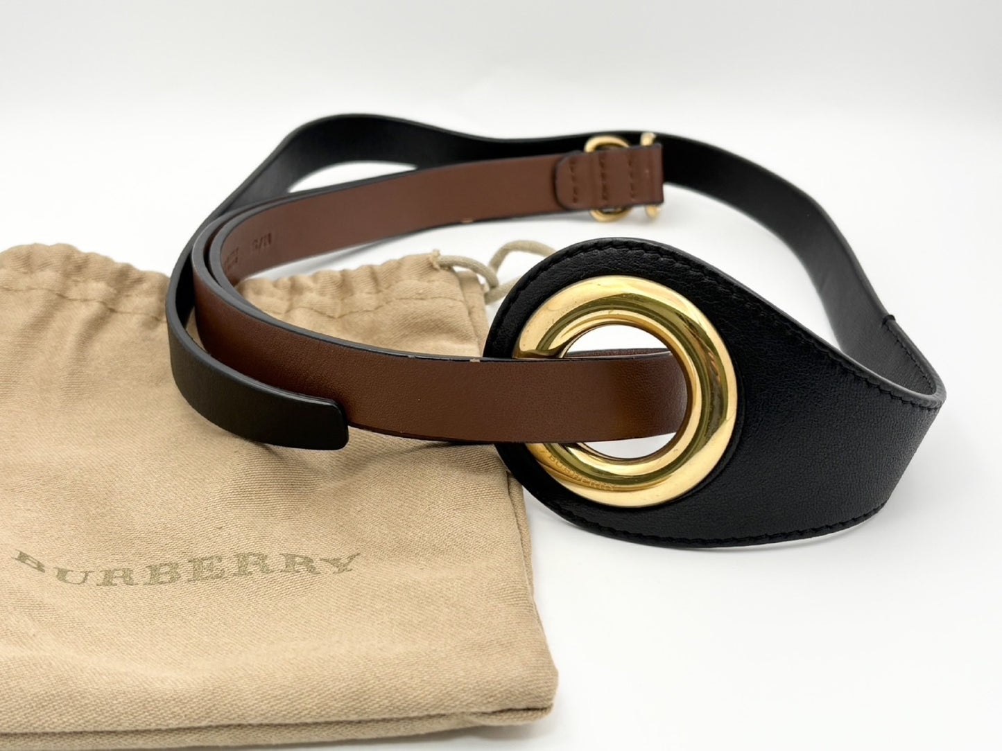 BURBERRY Grommet Detail Lambskin Waistband Belt, Size S/M, Open Circle Leather Belt, Two-Tone Black and Brown