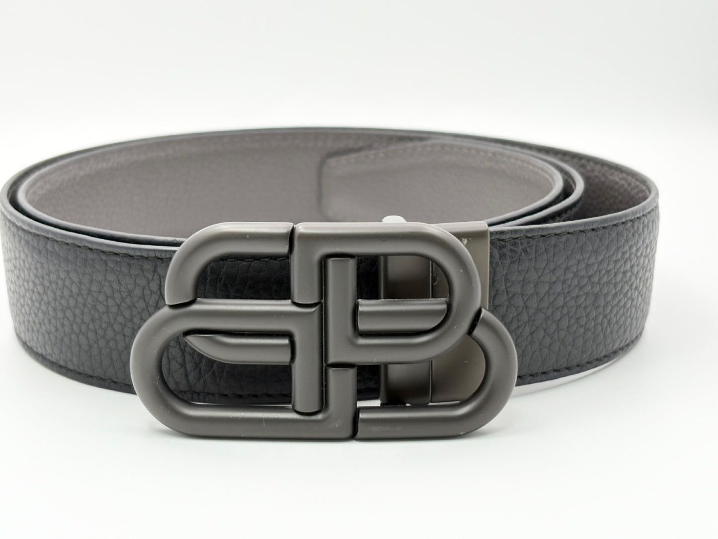 BALENCIAGA BB Logo Reversible Leather Belt, Black and Gray