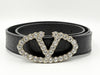 VALENTINO V Logo Signature XCT724 Rhinestone and Beaded Crystal Buckle Leather Belt 75/30 Black Crocodile Embossed Belt