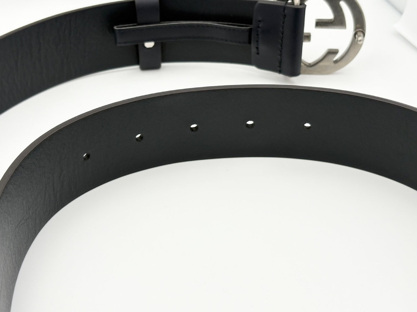 GUCCI 546389 Interlocking G Leather Belt 85/34 Navy