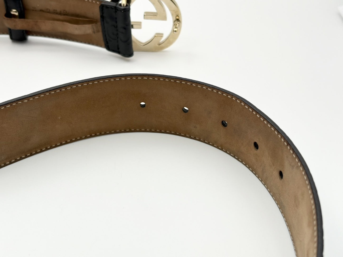 GUCCI 370543 Guccissima Interlocking G Leather Belt 80/32 Black with Gold Hardware