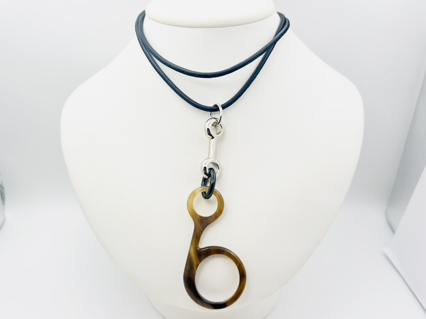 HERMES Rhapsody Buffalo Horn Long Leather Cord Pendant Necklace