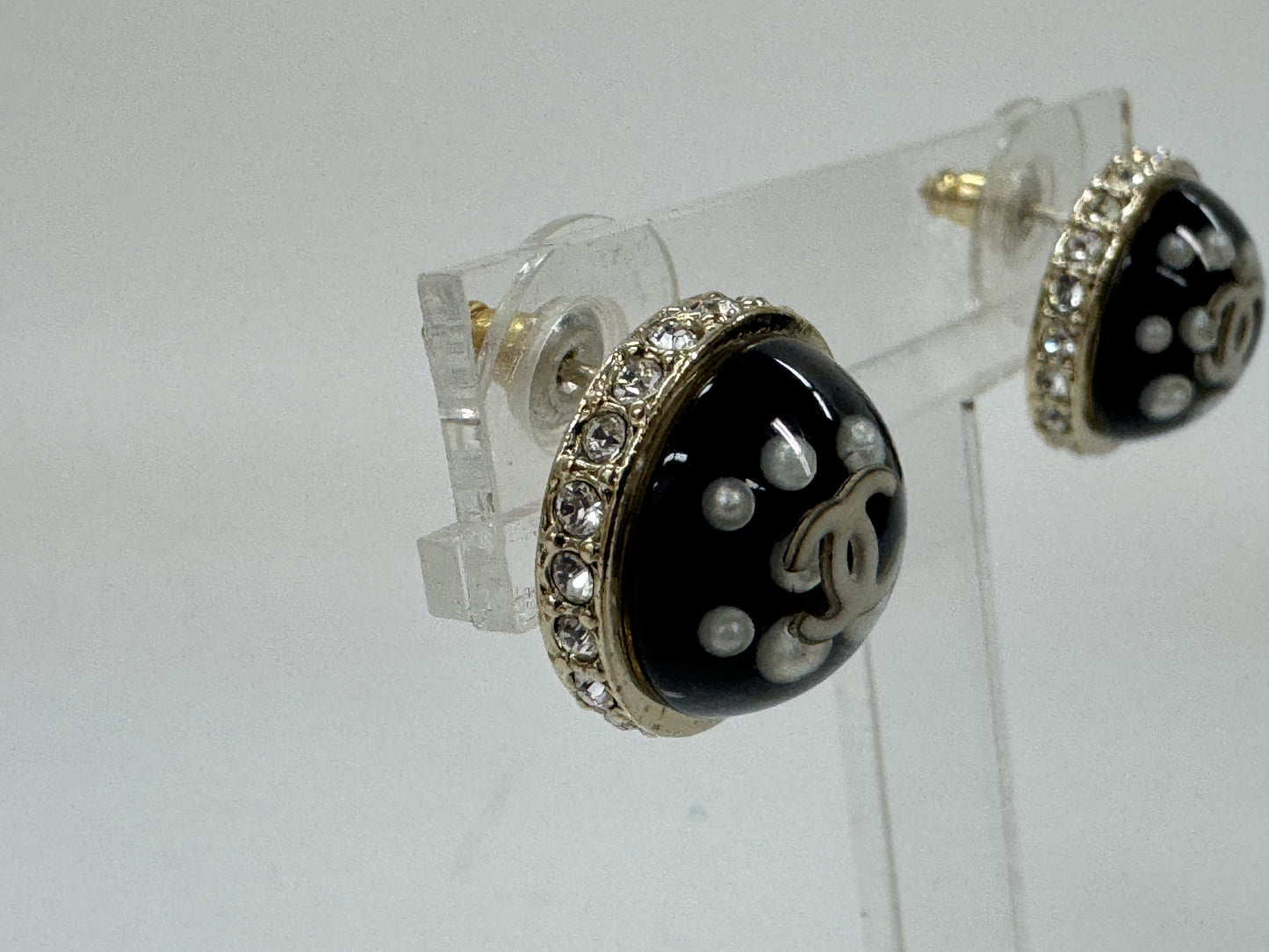 CHANEL Coco Mark Pearl and Rhinestone Dome Round Earrings, 10C, Black