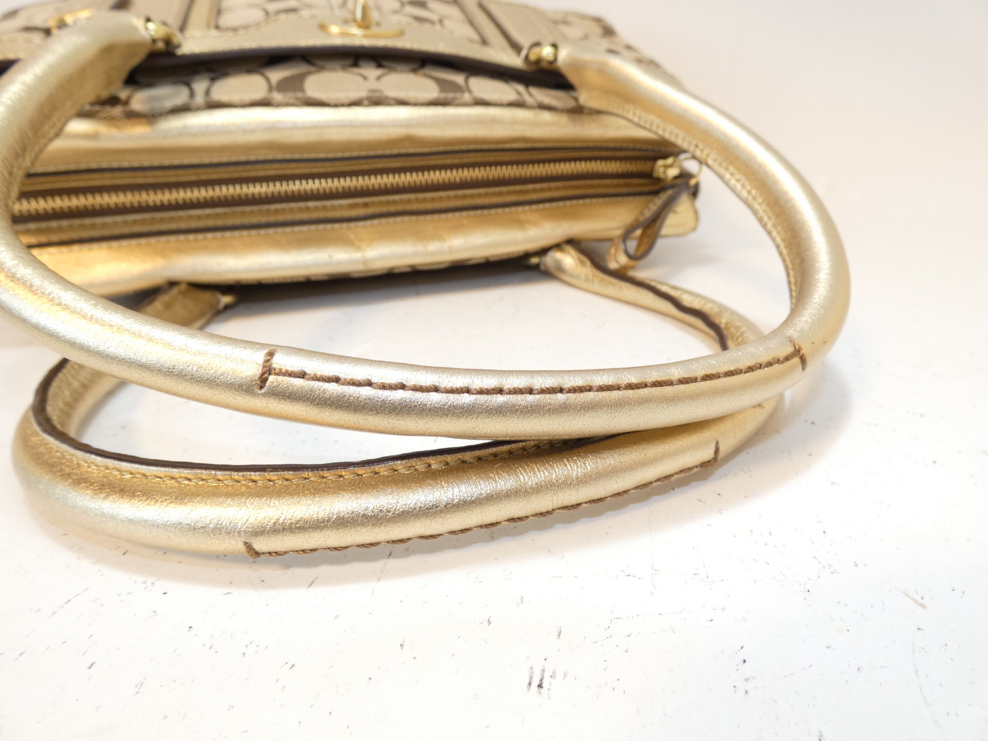 COACH Turnlock Signature Gold Canvas and Leather Hand Boston Bag