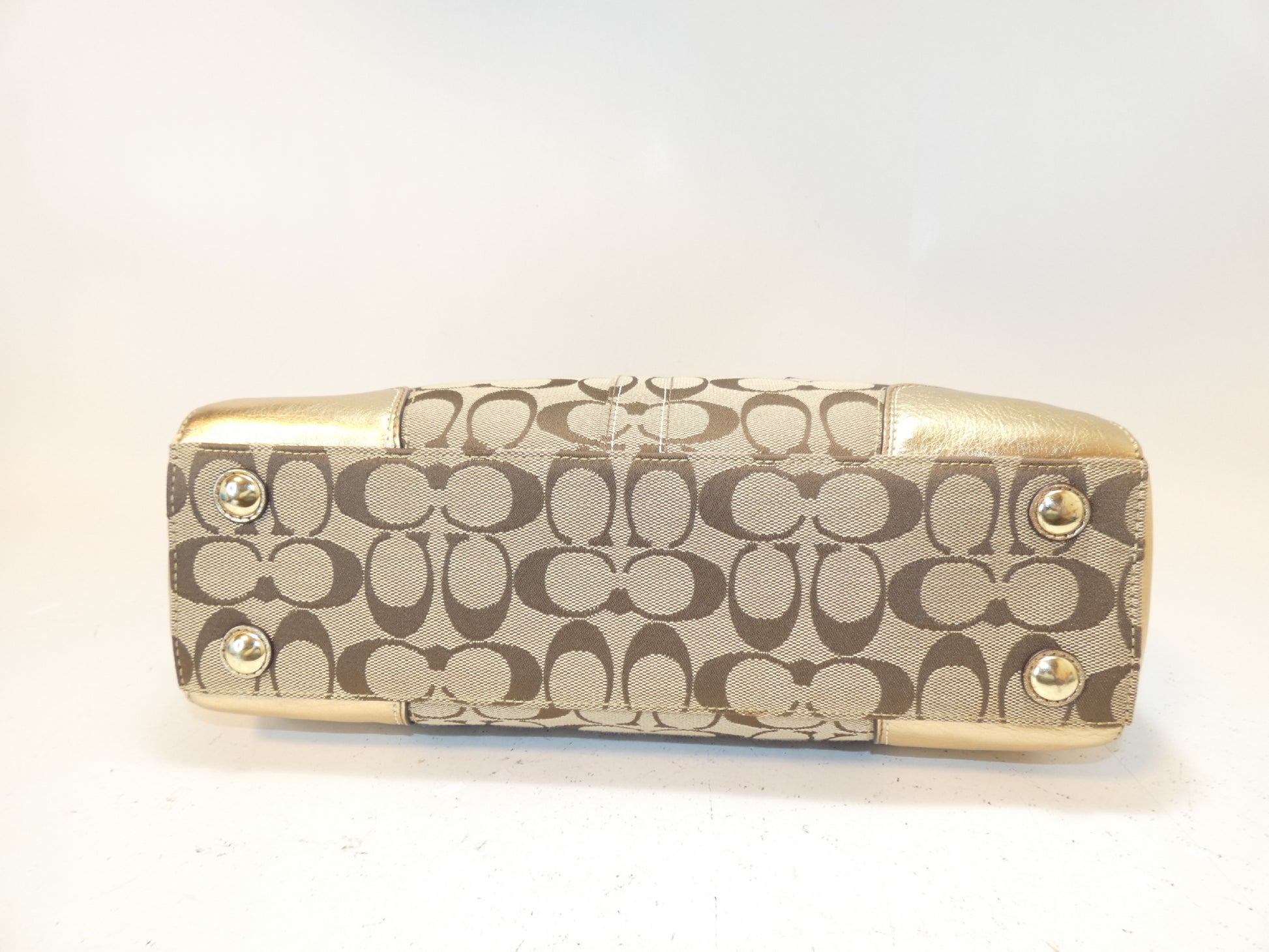 COACH Turnlock Signature Gold Canvas and Leather Hand Boston Bag