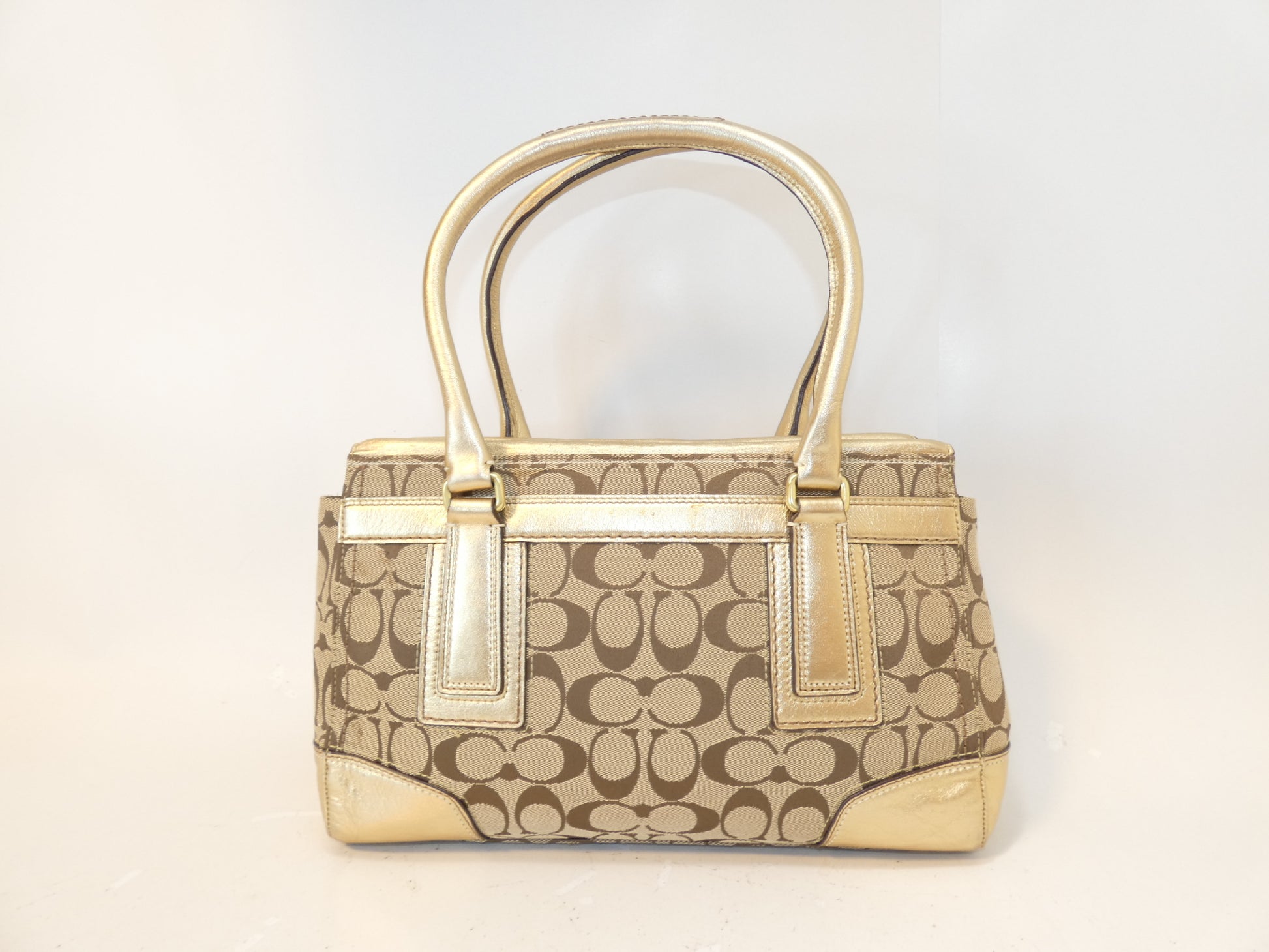 COACH Turnlock Signature Gold Canvas and Leather Hand Boston Bag