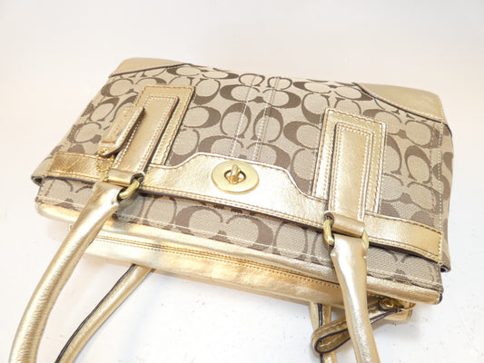 COACH Turnlock Signature Gold Canvas and Leather Hand Boston Bag