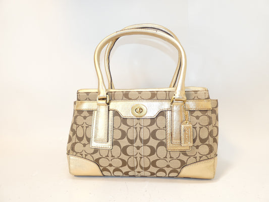 COACH Turnlock Signature Gold Canvas and Leather Hand Boston Bag