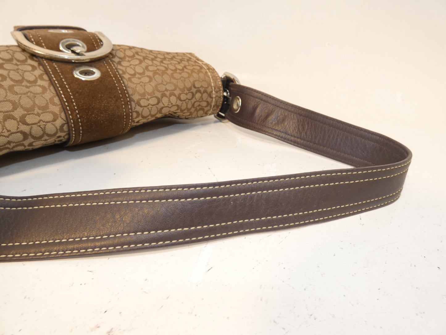 COACH Belt Micro Signature Dark Brown Canvas Suede Leather One-Shoulder One-Hand Handbag