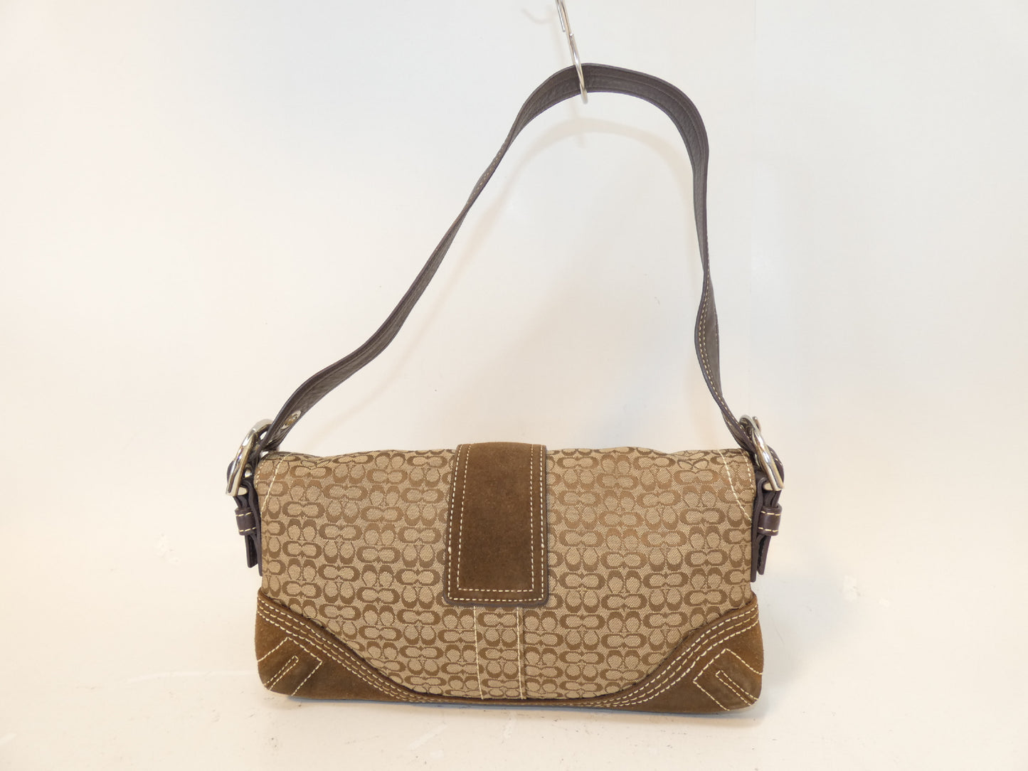 COACH Belt Micro Signature Dark Brown Canvas Suede Leather One-Shoulder One-Hand Handbag